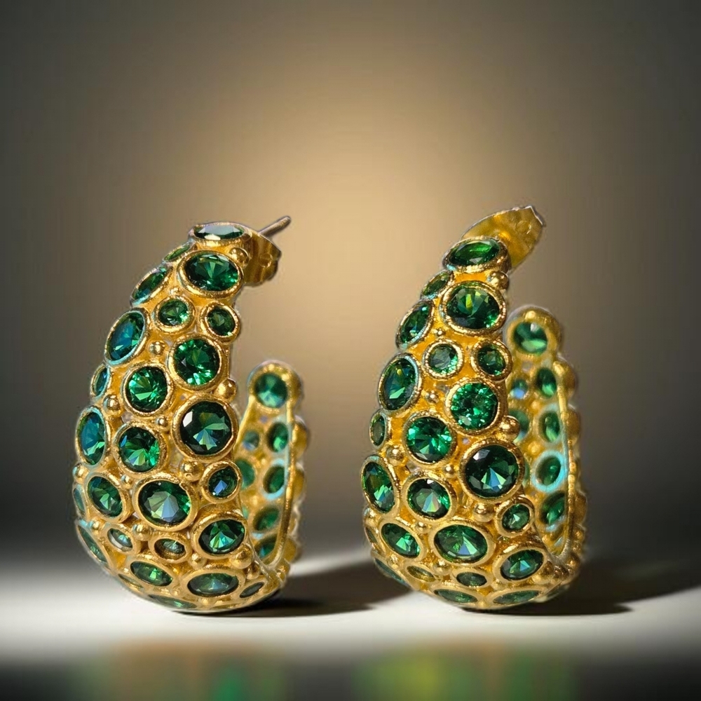 18k Gold Plated Artisan Emerald Glass Cabochon Hoop Earrings